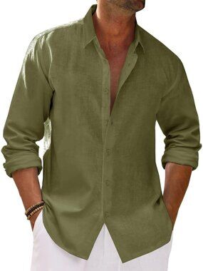 Mens Army Green Button Down Cotton Linen Long Sleeve Casual Collared Beach Shirt